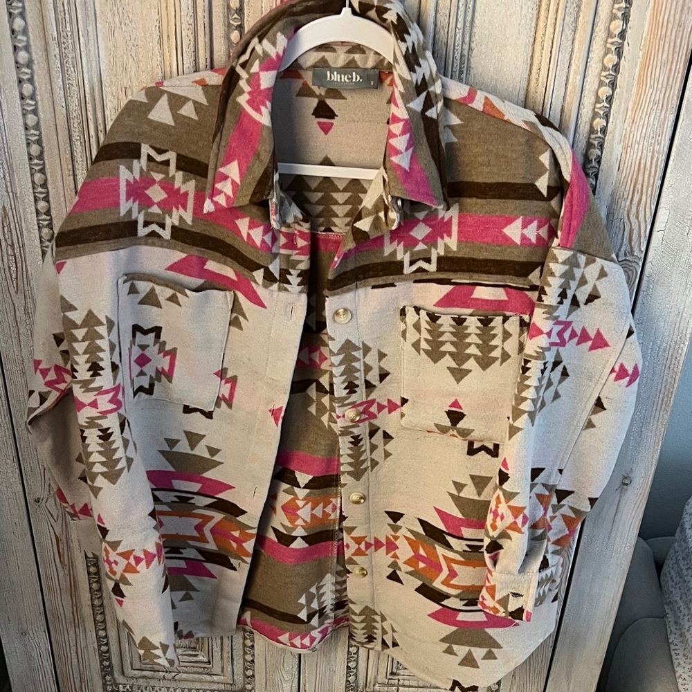 Blue b Women's Aztec Pattern Pea Coat - Pink and Brown